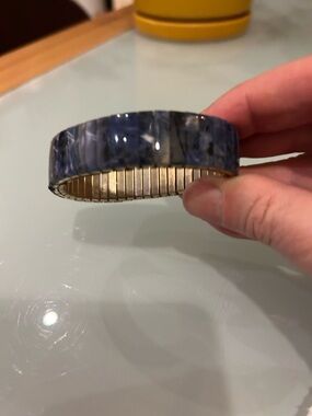 Blue Stone Inlay Stretch Bracelet with Gold-Tone Band